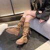 Retro tassel woven rope spring and autumn new suede boots women's platform boots high boots heightened western pile