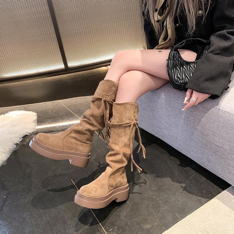Retro tassel woven rope spring and autumn new suede boots women's platform boots high boots heightened western pile