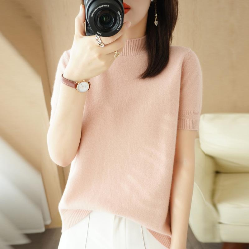 Svetr s polovičním rolákem Vícebarevný Krátký rukáv Letní Nový Volný Módní a Všestranný Jednobarevný Temperament Vnitřní Top