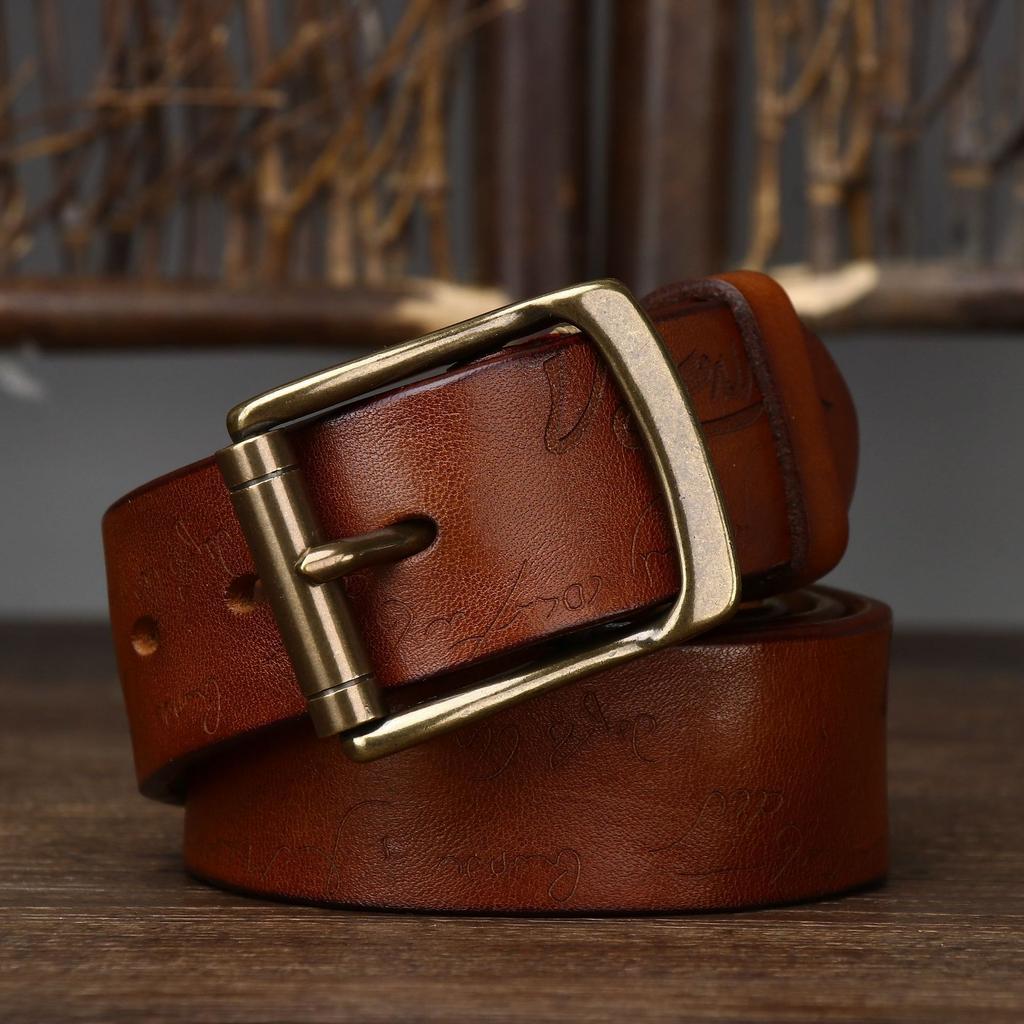 Belt Men's Retro Distressed Laser Carved Italian Vegetable Tanned Leather First Layer Pure Cattlehide Brass Buckle Belt