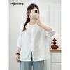 Chic Prateria Primavera Estate Donna Ampia Base Camicia Collo Alto Bianco Blu Navy Grigio Tinta Unita/Stampa Blusa Cotone Vintage Maglietta Larga