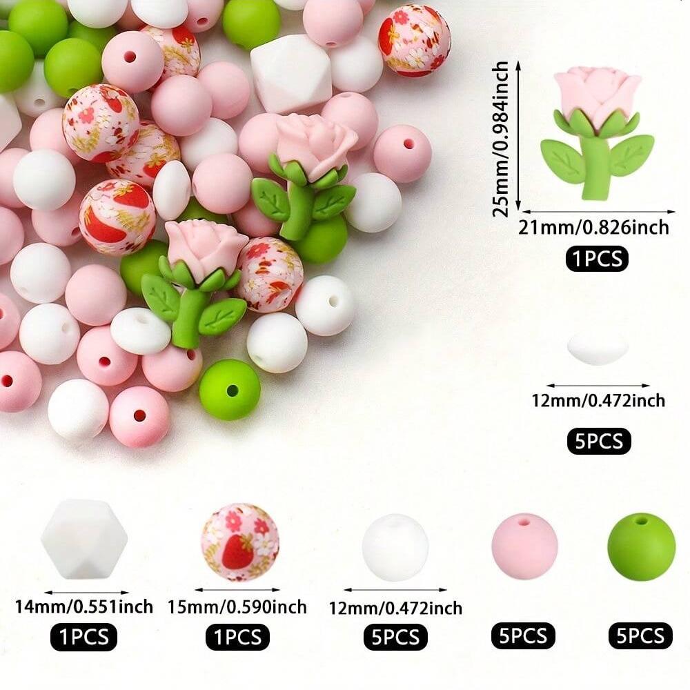 

23/30PCS Valentine s Day Flower Silicone Bead Set, perfect for DIY handmade crafts such as keychains, necklaces, bracelets, etc