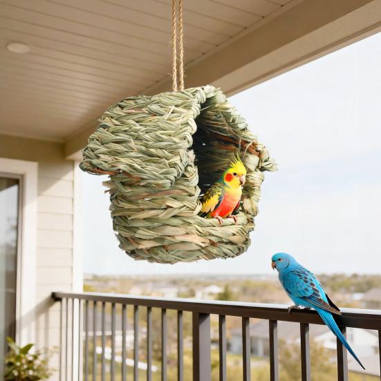 Hand-Woven Hanging Birdhouse Natural Grass Hanging Bird Hut House Shape Bird Shelter for Indoor Outdoor Garden Patio Tree Use