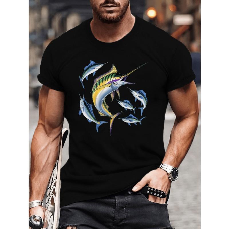 

Plus Size Men s Summer T-Shirt, Casual Round Neck Tee with Vibrant Marlin Fish Graphic Print, Short Sleeve Knit Top for Big & Tall Adults 2XL чёрный