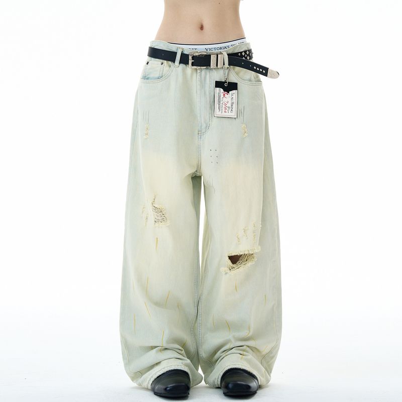 Madwitch American Street Style Post-Apocalyptic Ripped Jeans for Men and Women, Loose Casual Wide-Leg Straight-Leg Distressed Pants