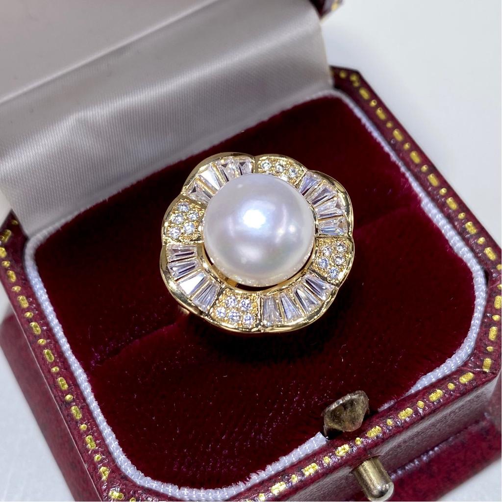 Light Luxury Natural Freshwater Aurora Pearl Women's Ring with Round Beads 18K Gold Envelope, Minimalist and Retro Design, Full of Diamonds