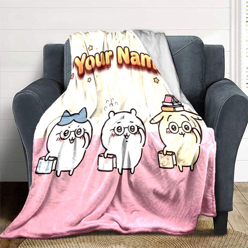 1pc Chiikawa Blanket with Custom Name, Gift, for Men and Women, Soft Blanket, Good for Sofa Bed Couch Travel, Lightweight Flannel Blanket