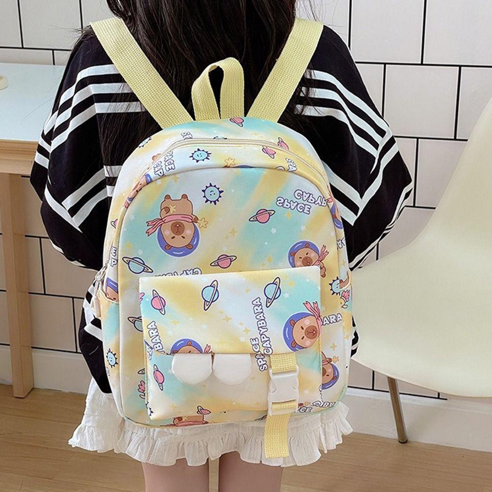 Cartoon Nylon School Bags Capybara Large Capacity Backpack Travel Shoulders Knapsack Children