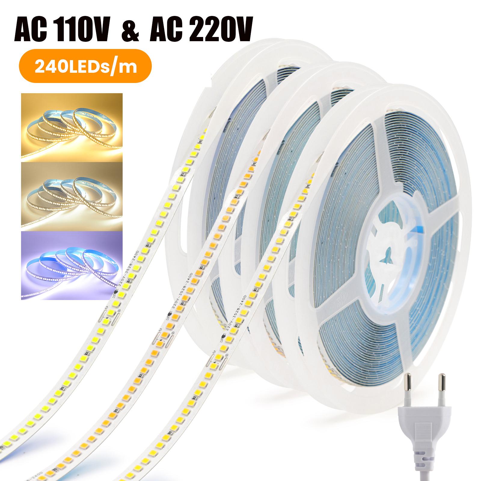 

AC 220V 110V LED Strip SMD 2835 240Leds/M IP44 Home Decor Flexible Ribbon Stripe Self Adhesive Tape Strip Chain Light US Plug AC 110V&5M