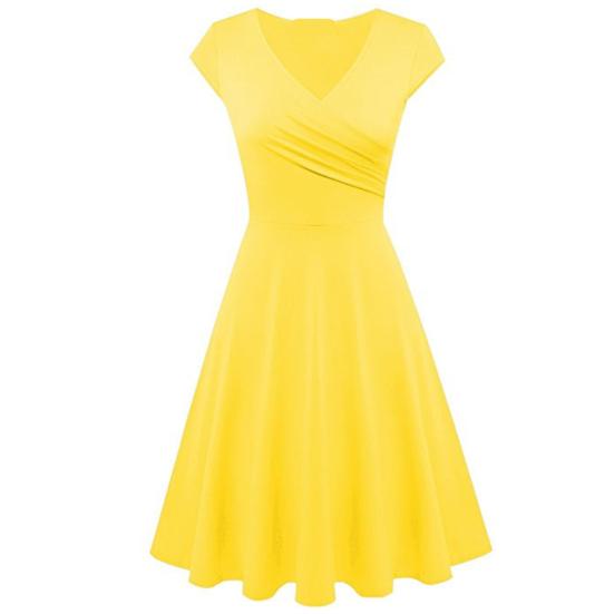 Fashion Women Solid Color V Neck Short Sleeve Plated Swing Party Banquet Dress