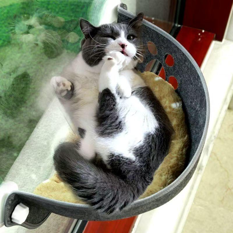All-Season Semi-Enclosed Felt Cat Bed: Detachable Round Bed & Window Hammock