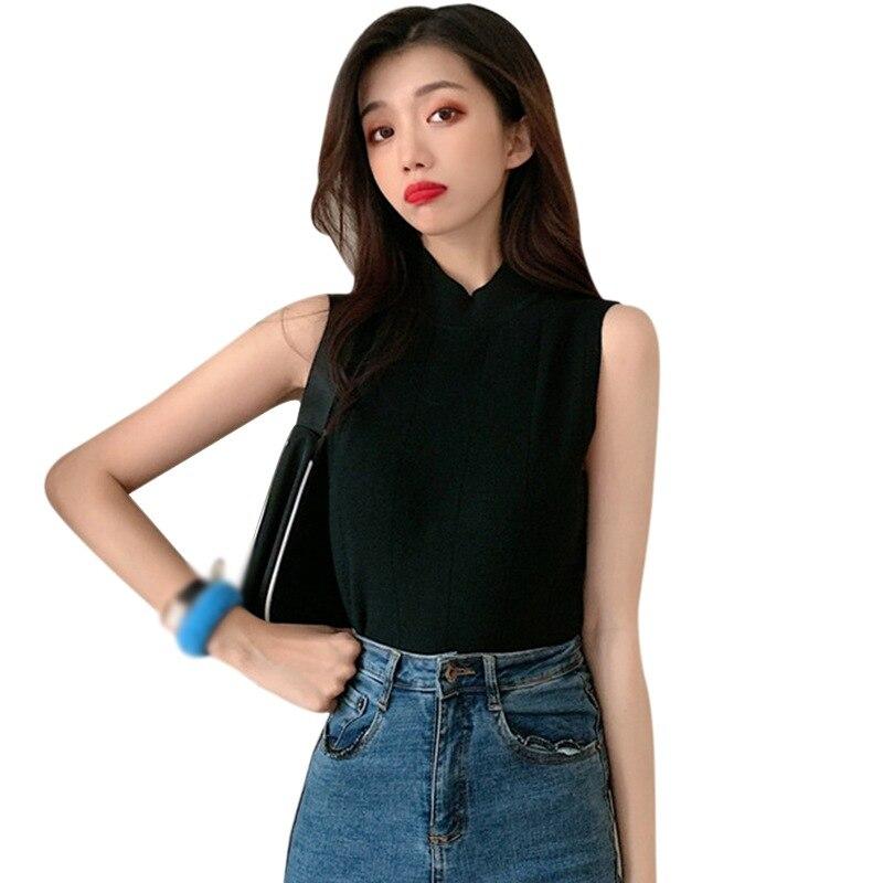 

Женская однотонная футболка с половиной водолазки, тонкая вязаная летняя футболка без рукавов One Size