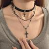 Women's Dark Style Rhinestone Cross Pendant Leather Necklace - European American Sexy Fashion, Sweet Cool Multi-layer Stackable Clavicle Chain
