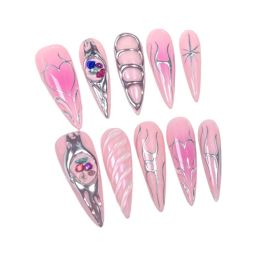 10PCS 503 Long Pointed Rhinestone Baroque Metallic Blush Hand-Painted Line Art DIY False Nails