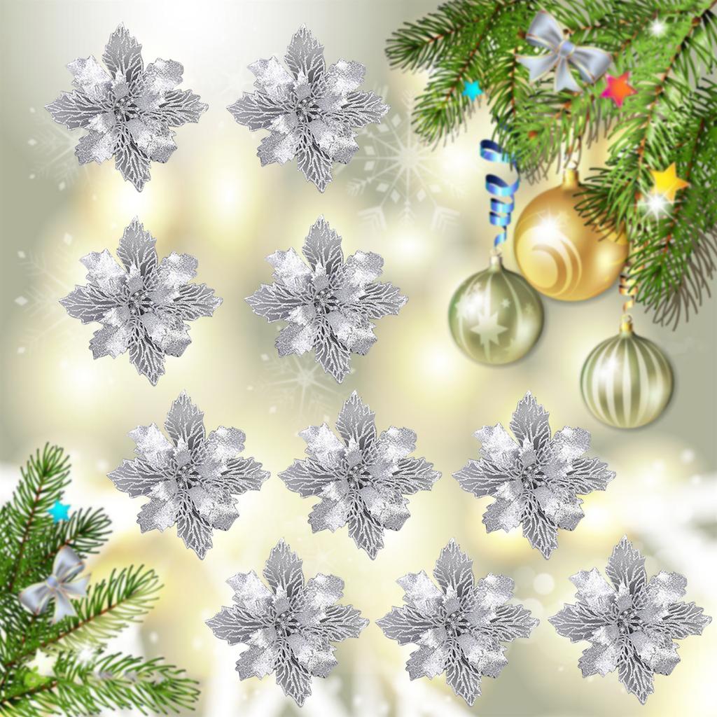 10pcs 11cm Big Artificial Glitter Flower Christmas Tree Pendants Ornament DIY Xmas Party Decoration