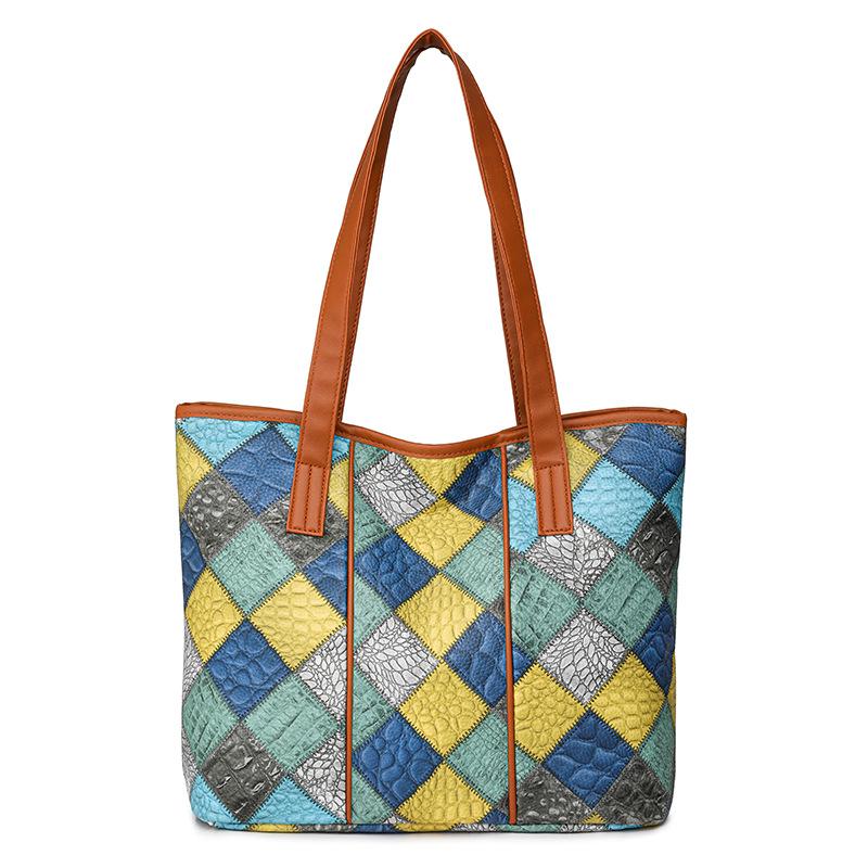 

Женская сумка-тоут из мягкой кожи в клетку, цветная сумка через плечо синий