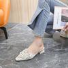 New Thick Heel Baotou Slippers with Pearl Decoration for Women's Head, Middle Heel, Soft Bottom, Half Tow, Outerwear Cool