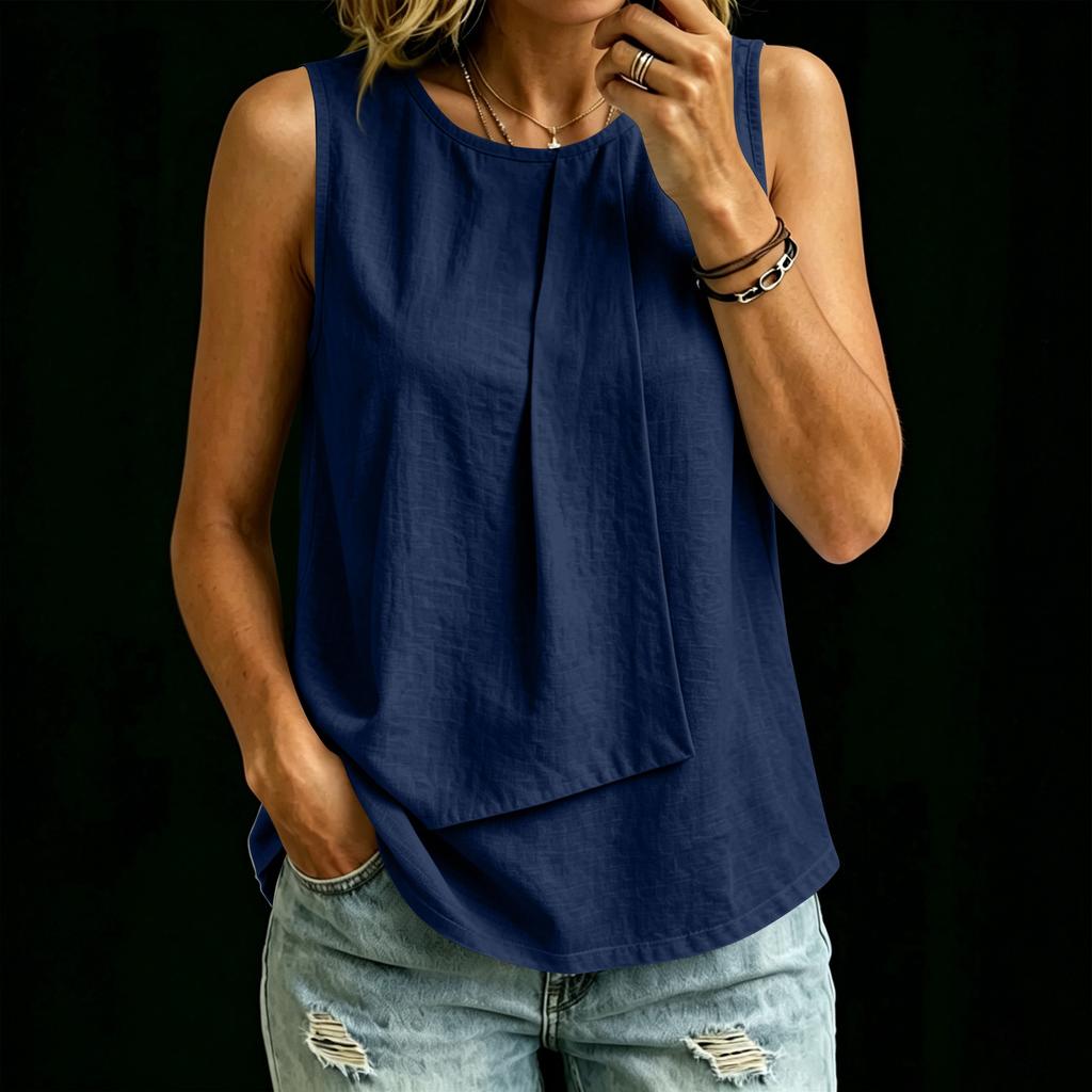Women's Summer Sleeveless Top Round Neck Solid Color Casual Loose Fit Lightweight Blouse for Outdoor Indoor Wear