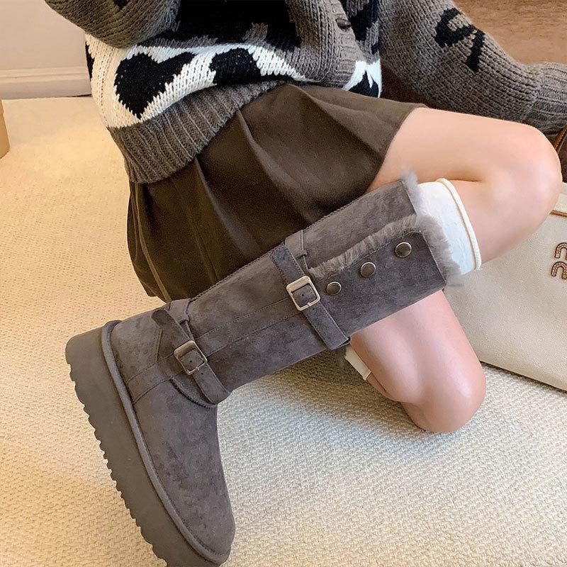 Real fur integrated thick-soled snow boots women's new winter velvet thickened warm medium and high tube long cotton shoes