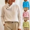 Women Tops Stand Collar Bevel Button Neckline Long Sleeve Pullover Tops Solid Color Loose Fit