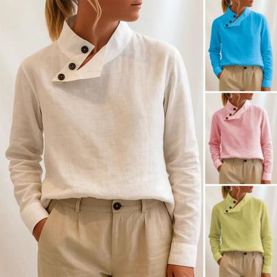 Women Tops Stand Collar Bevel Button Neckline Long Sleeve Pullover Tops Solid Color Loose Fit
