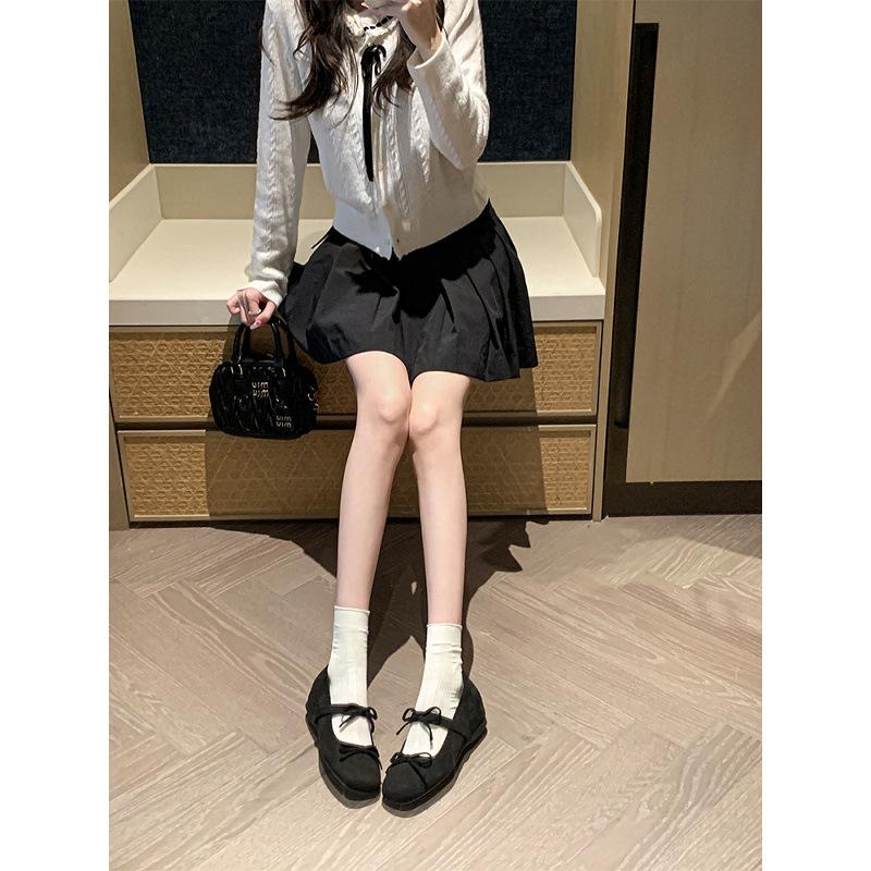 Sheepskin~ 4cm inner height increase shoes square head ballet flats women's shallow mouth versatile French bow Mary Jane shoes