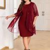 Glitter Shawl Design Plus Size Women Dress Round Neck Half Sleeve Slimming Loose Hem Casual Office Party Wear