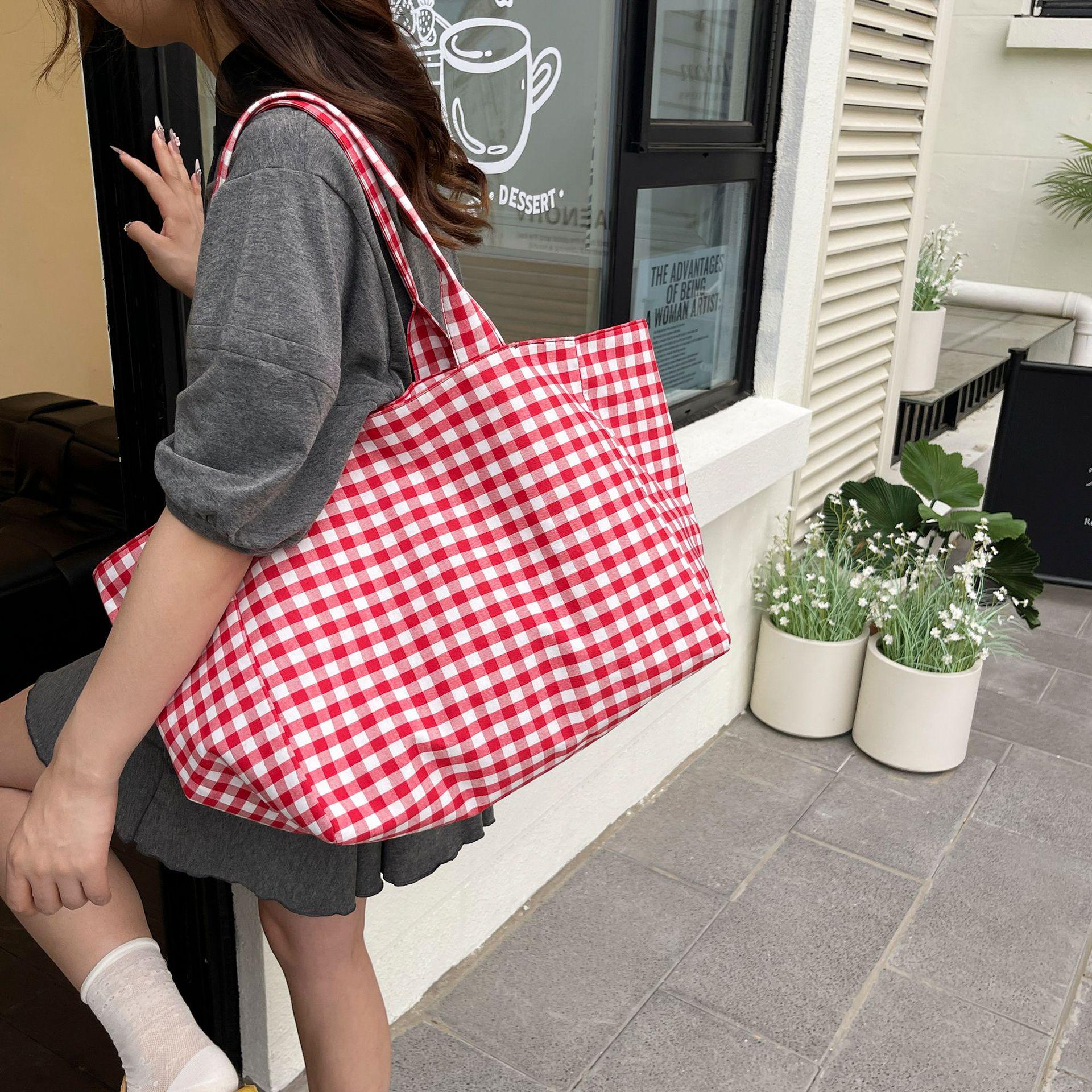 

Повседневная клетчатая сумка-тоут с открытым верхом – Большая вместительная сумка на плечо 37x22x30 cm красный