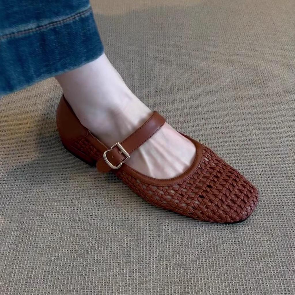 Sheepskin Version Niche Hollow Retro Woven One-word Strap Single Shoes Women's Summer New Flat Mary Jane Shoes Hole Shoes