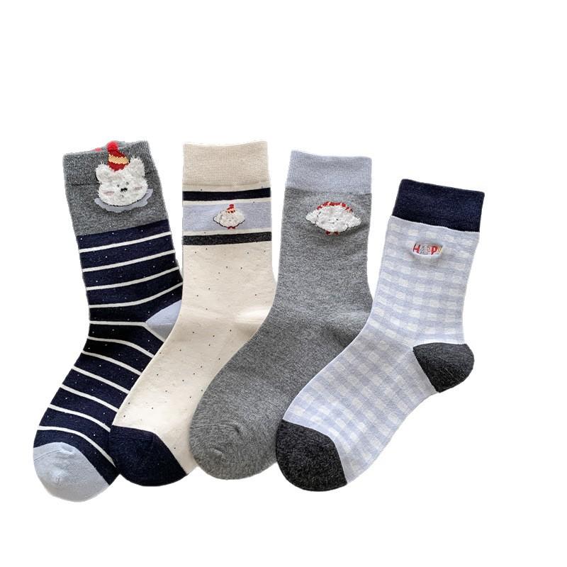 Autumn and Winter Socks for Women, Pure Cotton Striped Mid-calf Socks for Women, Cartoon Flocked Three-dimensional Socks for Women