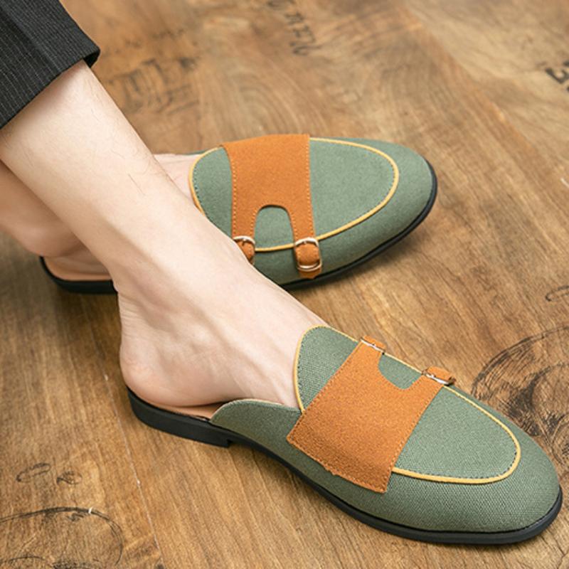 Canvas Leather Shoes Men Casual Handmade Muller Loafers Men Slip On Flats Driving Dress Shoes Half Slippers 38-47