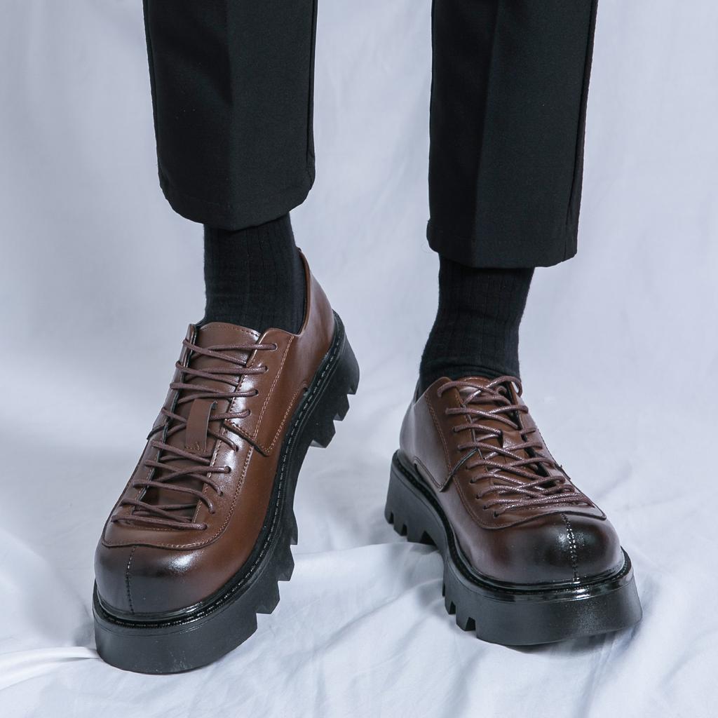 Fashion Men All-match Leather Platform Oxfords Footwear Lace-Up Thick Tottom Male Derby Shoes Casual Mens Square Toe Formal Dress Shoes