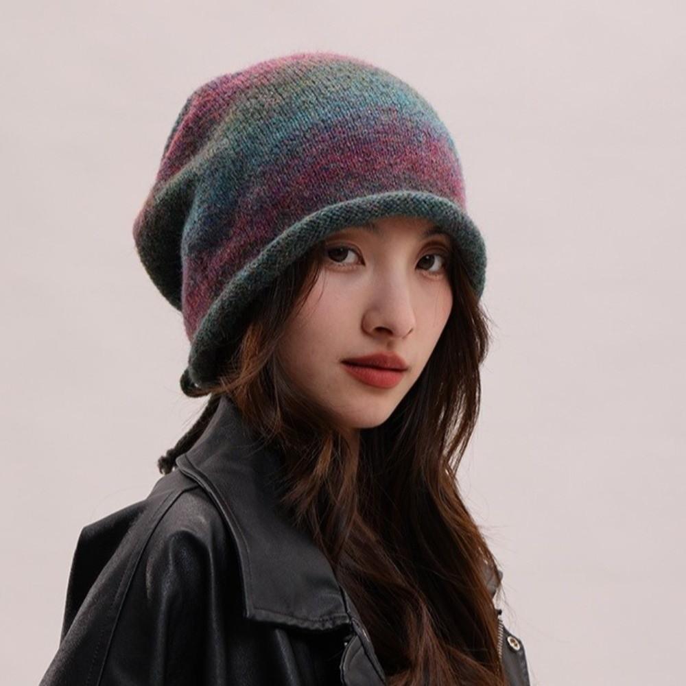 Gradient Color Knitted Stacked Hat Loose Pile Cap Personality Brimless Beanie Cap Outdoor