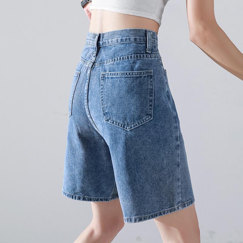 Women's High-Waist Denim Shorts, Summer 2022 Trend, Loose Fit, Mid-Length, Wide-Leg Design.
