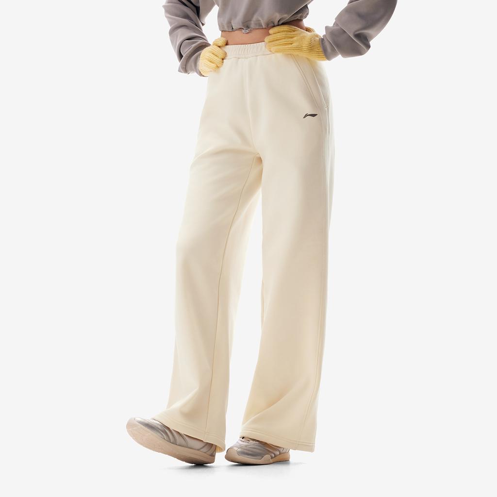 Li Ning Fitness Series Fleece Lined Warm Fashion Wide Leg Mid Rise Casual Knit Sports Pants Women pants AKLV972-10