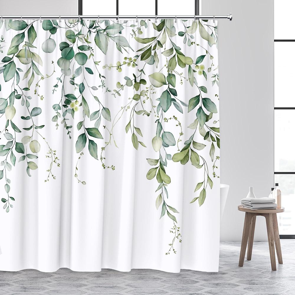 Green Eucalyptus Leaves Shower Curtain Watercolour Floral Butterfly Tropical Plant Leaf Polyester Fabric Decor Bathroom Curtains