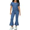 Girls Two Piece Outfit Short Sleeve Drawstring Top with Side Ruching and Flared Capri Pants Set Casual Wear for Kids