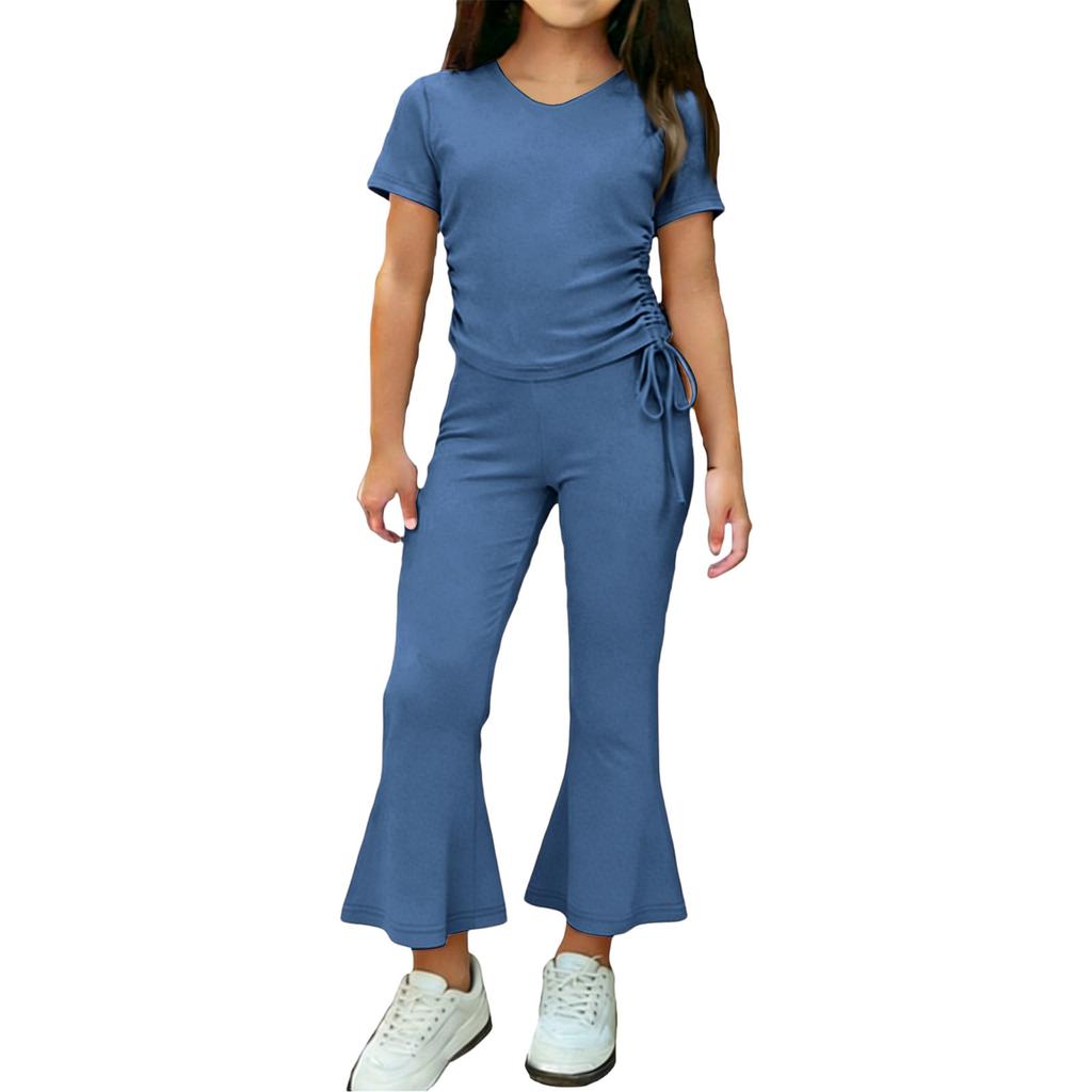 Girls Two Piece Outfit Short Sleeve Drawstring Top with Side Ruching and Flared Capri Pants Set Casual Wear for Kids