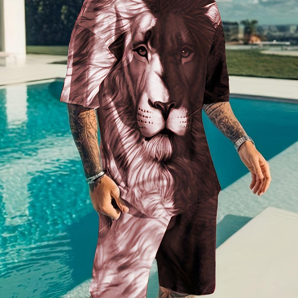 2PCS Plus Size Men's Summer Casual Suit Color Block Lion Print Short Sleeve T Shirt And Track Shorts Set Holiday Lounge Beach Sports Suit