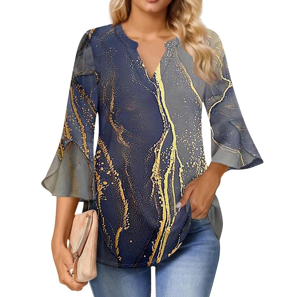 3/4 Sleeve Shirts For Women's Fashion Casual Round Neck Printed T-Shirt Top