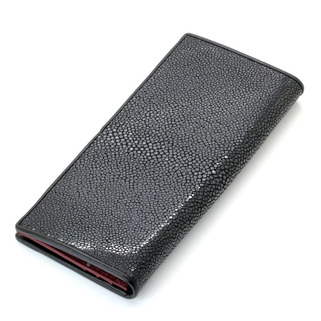 [Revetta] Stingray Leather Long Wallet, Slim Wallet, Wine Red Leather Interior, Galusha (Stingray) Leather, Black, Men's, with Coin Pocket, Genuine Le