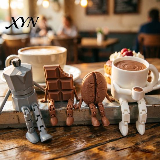 Compact Structure Sculpture 3D Printed Articulated Coffee Cup Figure, Movable Joint Desk Statue, Cute Versatile Room Decoration Bean Ornament,