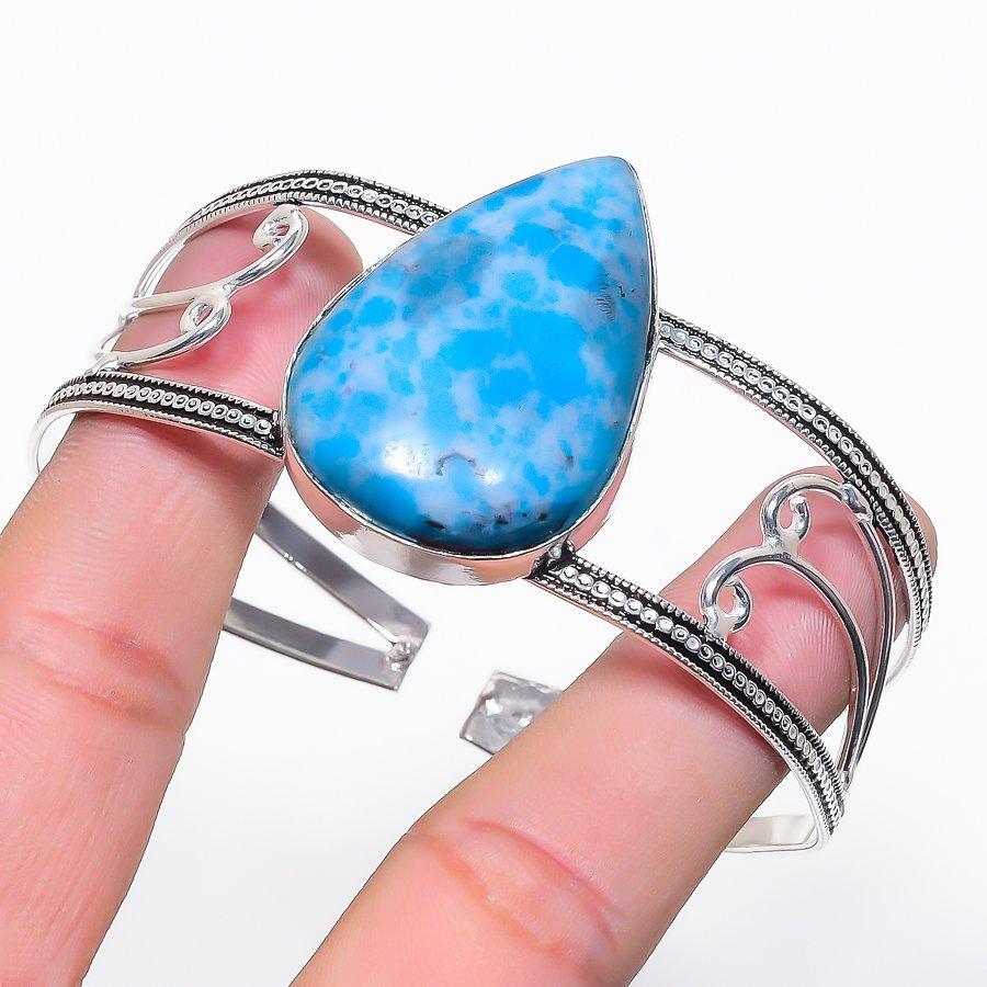Natural Larimar Gemstone 925 Sterling Silver Cuff Bangle Adjustable B6D67