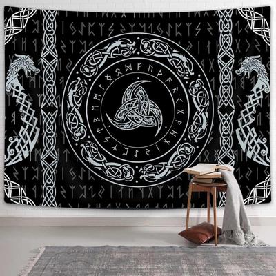 Viking Art Tapestry, Raven Ancient Rune Dragon Totem Norse Mythology Tapestries, Black White Mystical Geometric Norse Mythology