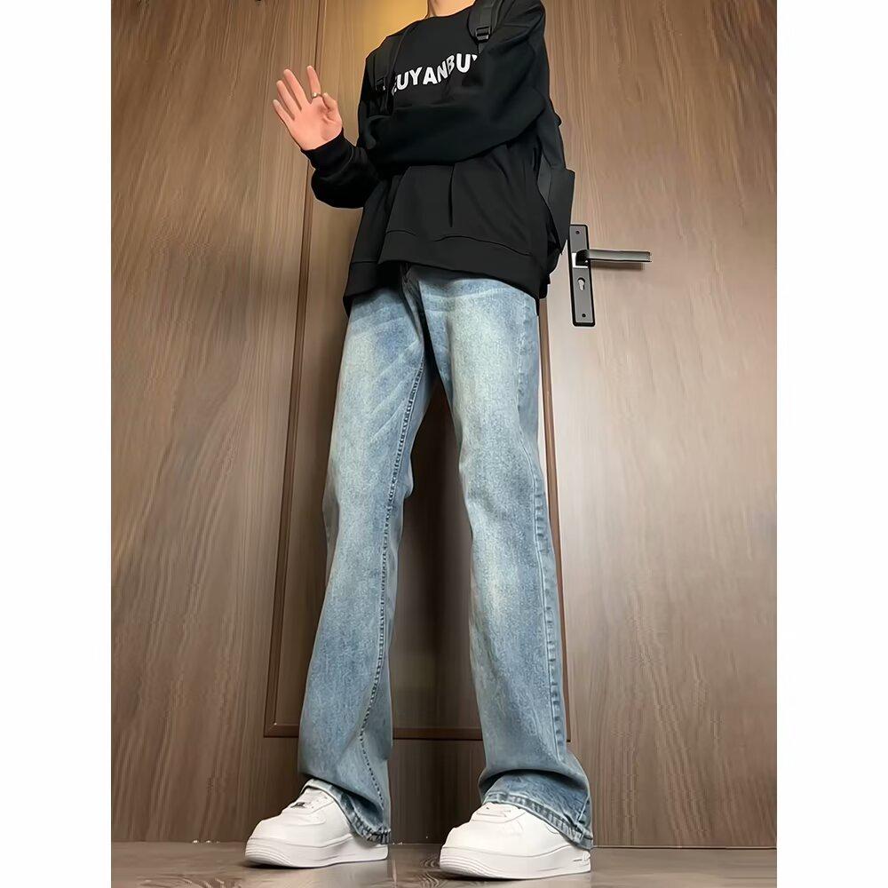 Jeans Homme Noir Coupe Droite Américain Poids Lourd - Tendance Printemps, Style High-Street Polyvalent avec Micro Évasement.