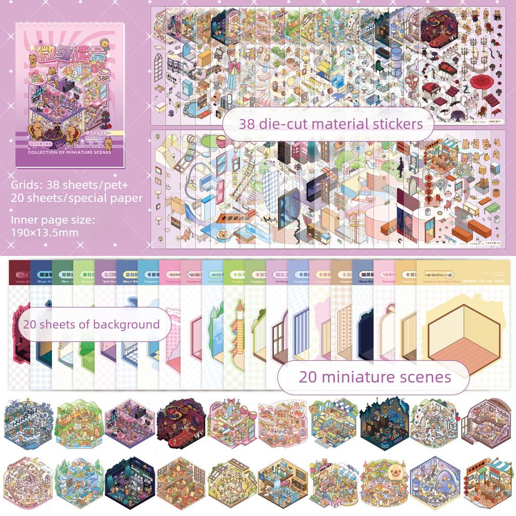 40 Peças 20 em 1 Livro de Coleção de Adesivos de Paisagem 3D para Scrapbooking DIY Junk Journal Cena de Desenho Animado Estética Suprimentos de Artesanato