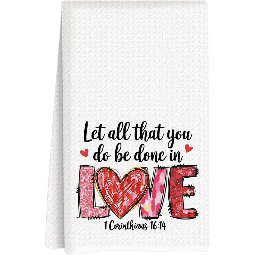 Valentines Day Kitchen Towels, Valentines Day Decorations, Gift for Her Him Boyfriend Girlfriend, Pink Coquette Bow Christian Bible Verse Dish 1 Corinthians 16:14