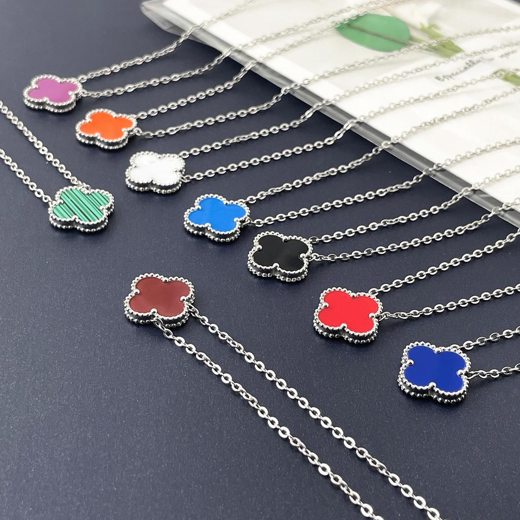 15mm Dubbelsidigt Titanstål Fyrklöver Halsband Dam Enkelt Titanstål Nyckelbenskedja Halsband Nät Röd Smycke