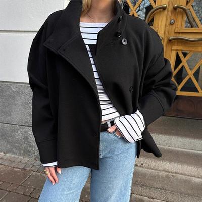 Women S Elegant Stand Collar Button Long Sleeve Wool Coat