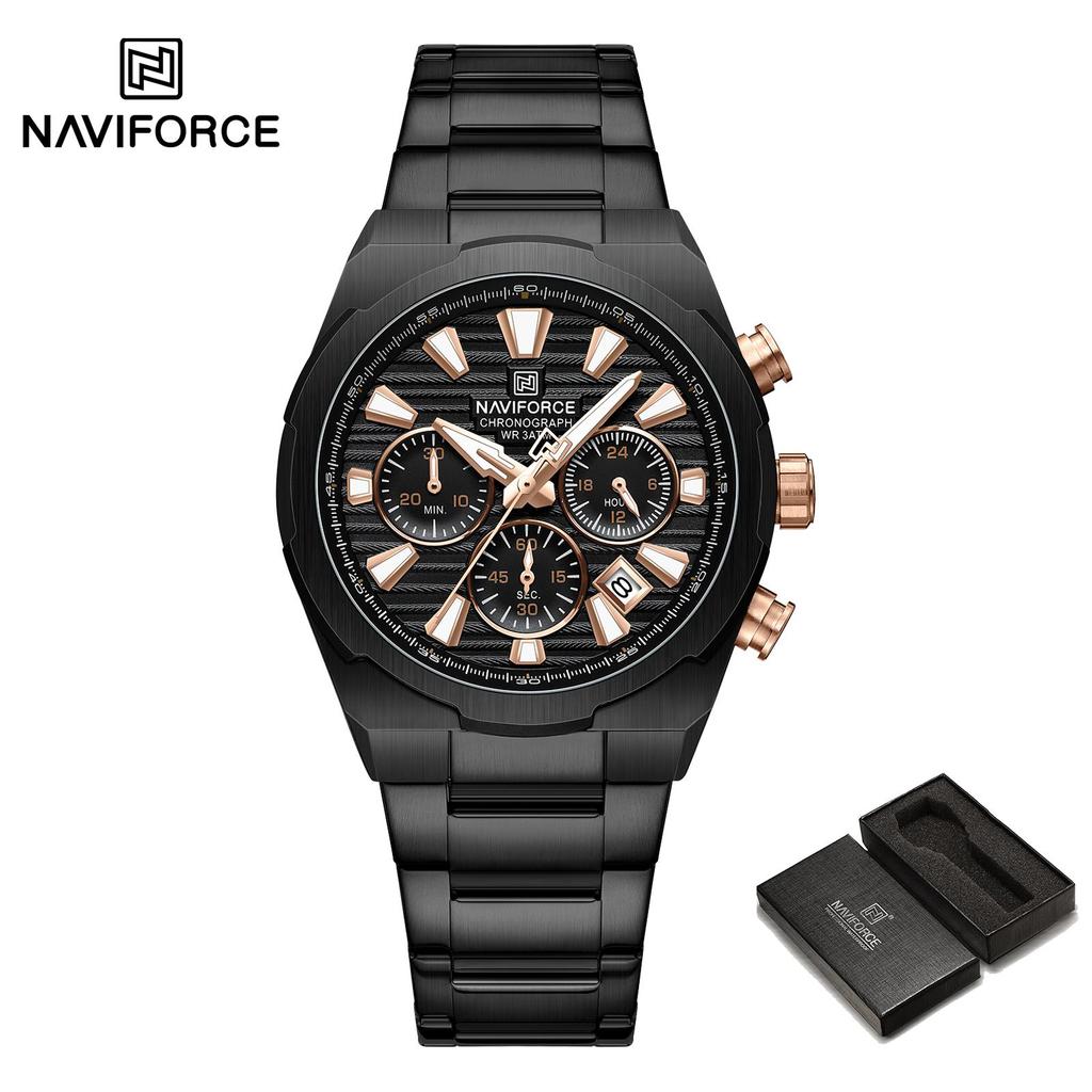 NAVFIROCE Original Men Quartz Watch Stainless Steel Strap Stopwatch Chronograph Date Waterproof Luminous Pointer Men Fashion Watch NF8081